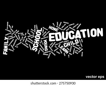 Vector concept or conceptual education abstract word cloud, black background, metaphor to child, family, school, life, learn, knowledge, home, study, teach, educational, achievement, childhood or teen