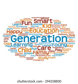 Concepto vectorial o educación conceptual nube de palabras abstracta, fondo blanco, metáfora al niño, la familia, la escuela, la vida, el aprendizaje, el conocimiento, el hogar, el estudio, la enseñanza, la educación, el logro, la infancia o la adolescencia