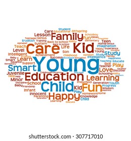 Vector concept or conceptual education abstract word cloud, white background, metaphor to child, family, school, life, learn, knowledge, home, study, teach, educational, achievement, childhood or teen