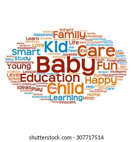 Vector concept or conceptual education abstract word cloud, white background, metaphor to child, family, school, life, learn, knowledge, home, study, teach, educational, achievement, childhood or teen