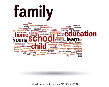 Concepto vectorial o educación conceptual nube de palabras abstracta, fondo blanco, metáfora al niño, la familia, la escuela, la vida, el aprendizaje, el conocimiento, el hogar, el estudio, la enseñanza, la educación, el logro, la infancia o la adolescencia