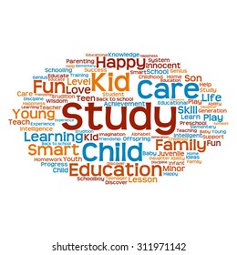 Vector concept or conceptual education abstract word cloud, white background, metaphor to child, family, school, life, learn, knowledge, home, study, teach, educational, achievement, childhood or teen