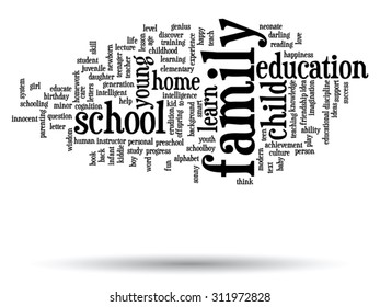 Concepto vectorial o educación conceptual nube de palabras abstracta, fondo blanco, metáfora al niño, la familia, la escuela, la vida, el aprendizaje, el conocimiento, el hogar, el estudio, la enseñanza, la educación, el logro, la infancia o la adolescencia