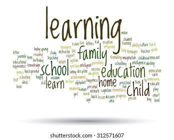 Concepto vectorial o educación conceptual nube de palabras abstracta, fondo blanco, metáfora al niño, la familia, la escuela, la vida, el aprendizaje, el conocimiento, el hogar, el estudio, la enseñanza, la educación, el logro, la infancia o la adolescencia