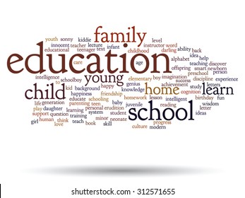 Vektor-Konzept oder konzeptionelle Erziehung abstrakte Wörter Cloud, weißer Hintergrund, Metapher für Kind, Familie, Schule, Leben, Lernen, Wissen, Zuhause, Studium, Lehre, Erziehung, Kindheit oder Teenager