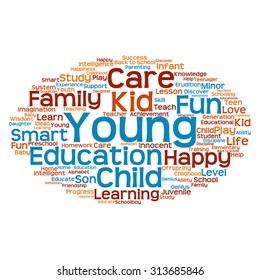 Vector concept or conceptual education abstract word cloud, white background, metaphor to child, family, school, life, learn, knowledge, home, study, teach, educational, achievement, childhood or teen