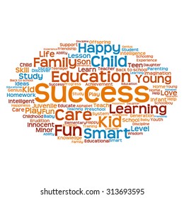 Concepto vectorial o educación conceptual nube de palabras abstracta, fondo blanco, metáfora al niño, la familia, la escuela, la vida, el aprendizaje, el conocimiento, el hogar, el estudio, la enseñanza, la educación, el logro, la infancia o la adolescencia