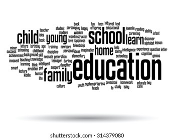 Vektor-Konzept oder konzeptionelle Erziehung abstrakte Wörter Cloud, weißer Hintergrund, Metapher für Kind, Familie, Schule, Leben, Lernen, Wissen, Zuhause, Studium, Lehre, Erziehung, Kindheit oder Teenager