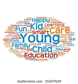 Vector concept or conceptual education abstract word cloud, white background, metaphor to child, family, school, life, learn, knowledge, home, study, teach, educational, achievement, childhood or teen