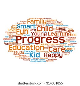Vector concept or conceptual education abstract word cloud, white background, metaphor to child, family, school, life, learn, knowledge, home, study, teach, educational, achievement, childhood or teen