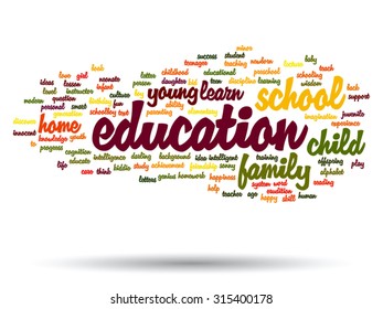 Vector concept or conceptual education abstract word cloud, white background, metaphor to child, family, school, life, learn, knowledge, home, study, teach, educational, achievement, childhood or teen