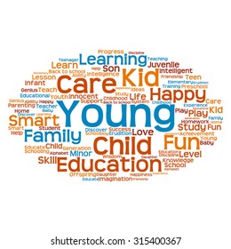 Vector concept or conceptual education abstract word cloud, white background, metaphor to child, family, school, life, learn, knowledge, home, study, teach, educational, achievement, childhood or teen