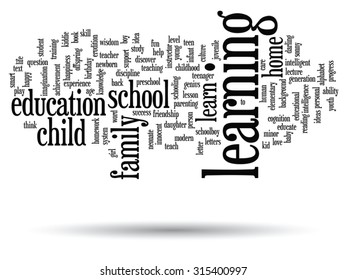 Vector concept or conceptual education abstract word cloud, white background, metaphor to child, family, school, life, learn, knowledge, home, study, teach, educational, achievement, childhood or teen