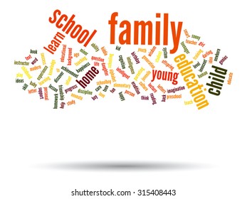Concepto vectorial o educación conceptual nube de palabras abstracta, fondo blanco, metáfora al niño, la familia, la escuela, la vida, el aprendizaje, el conocimiento, el hogar, el estudio, la enseñanza, la educación, el logro, la infancia o la adolescencia