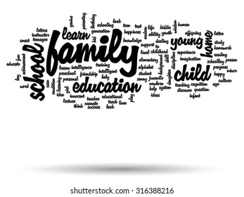 Concepto vectorial o educación conceptual nube de palabras abstracta, fondo blanco, metáfora al niño, la familia, la escuela, la vida, el aprendizaje, el conocimiento, el hogar, el estudio, la enseñanza, la educación, el logro, la infancia o la adolescencia