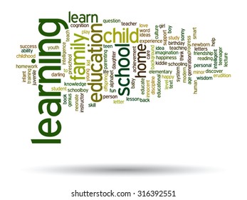 Concepto vectorial o educación conceptual nube de palabras abstracta, fondo blanco, metáfora al niño, la familia, la escuela, la vida, el aprendizaje, el conocimiento, el hogar, el estudio, la enseñanza, la educación, el logro, la infancia o la adolescencia