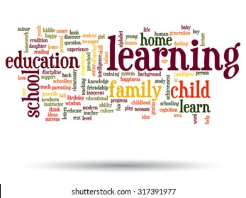 Concepto vectorial o educación conceptual nube de palabras abstracta, fondo blanco, metáfora al niño, la familia, la escuela, la vida, el aprendizaje, el conocimiento, el hogar, el estudio, la enseñanza, la educación, el logro, la infancia o la adolescencia