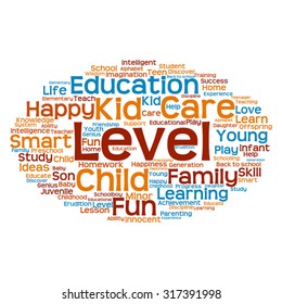 Vector concept or conceptual education abstract word cloud, white background, metaphor to child, family, school, life, learn, knowledge, home, study, teach, educational, achievement, childhood or teen