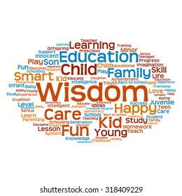 Concepto vectorial o educación conceptual nube de palabras abstracta, fondo blanco, metáfora al niño, la familia, la escuela, la vida, el aprendizaje, el conocimiento, el hogar, el estudio, la enseñanza, la educación, el logro, la infancia o la adolescencia