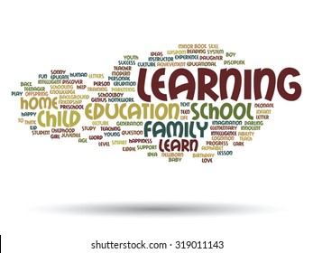 Concepto vectorial o educación conceptual nube de palabras abstracta, fondo blanco, metáfora al niño, la familia, la escuela, la vida, el aprendizaje, el conocimiento, el hogar, el estudio, la enseñanza, la educación, el logro, la infancia o la adolescencia