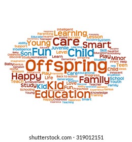 Vektor-Konzept oder konzeptionelle Erziehung abstrakte Wörter Cloud, weißer Hintergrund, Metapher für Kind, Familie, Schule, Leben, Lernen, Wissen, Zuhause, Studium, Lehre, Erziehung, Kindheit oder Teenager