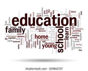 Vector concept or conceptual education abstract word cloud, white background, metaphor to child, family, school, life, learn, knowledge, home, study, teach, educational, achievement, childhood or teen