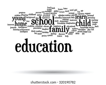 Vector concept or conceptual education abstract word cloud, white background, metaphor to child, family, school, life, learn, knowledge, home, study, teach, educational, achievement, childhood or teen