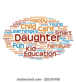 Vector concept or conceptual education abstract word cloud, white background, metaphor to child, family, school, life, learn, knowledge, home, study, teach, educational, achievement, childhood or teen