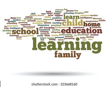 Vector concept or conceptual education abstract word cloud, white background, metaphor to child, family, school, life, learn, knowledge, home, study, teach, educational, achievement, childhood or teen