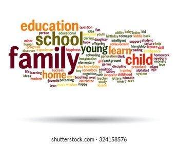 Vector concept or conceptual education abstract word cloud, white background, metaphor to child, family, school, life, learn, knowledge, home, study, teach, educational, achievement, childhood or teen