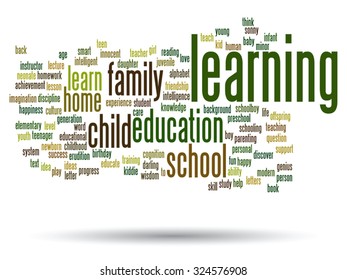 Vector concept or conceptual education abstract word cloud, white background, metaphor to child, family, school, life, learn, knowledge, home, study, teach, educational, achievement, childhood or teen
