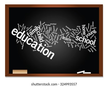 Vector concept or conceptual education abstract word cloud, blackboard background, metaphor to child, family, school, learn, knowledge, home, study, teach, educational, achievement, childhood or teen