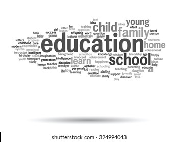 Vector concept or conceptual education abstract word cloud, white background, metaphor to child, family, school, learn, knowledge, home, study, teach, educational, achievement, childhood or teen