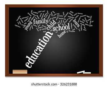 Vector concept or conceptual education abstract word cloud, blackboard background, metaphor to child, family, school, learn, knowledge, home, study, teach, educational, achievement, childhood or teen