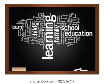 Vector concept or conceptual education abstract word cloud, blackboard background, metaphor to child, family, school, learn, knowledge, home, study, teach, educational, achievement, childhood or teen