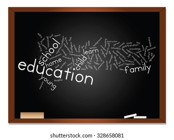 Concepto vectorial o educación conceptual nube de palabras abstracta, fondo de pizarra, metáfora al niño, la familia, la escuela, el aprendizaje, el conocimiento, el hogar, el estudio, la enseñanza, la educación, el logro, la infancia o la adolescencia