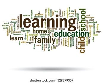Concepto vectorial o educación conceptual nube de palabras abstracta, fondo blanco, metáfora al niño, la familia, la escuela, la vida, el aprendizaje, el conocimiento, el hogar, el estudio, la enseñanza, la educación, el logro, la infancia o la adolescencia