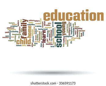 Conceito vetorial ou educação conceitual nuvem de palavras abstratas, fundo branco, metáfora para criança, família, escola, aprender, conhecimento, casa, estudar, ensinar, educacional, realização, infância ou adolescente