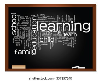Concepto vectorial o educación conceptual nube de palabras abstracta, fondo de pizarra, metáfora al niño, la familia, la escuela, el aprendizaje, el conocimiento, el hogar, el estudio, la enseñanza, la educación, el logro, la infancia o la adolescencia