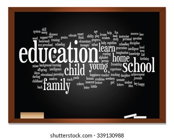 Concepto vectorial o educación conceptual nube de palabras abstracta, fondo de pizarra, metáfora al niño, la familia, la escuela, el aprendizaje, el conocimiento, el hogar, el estudio, la enseñanza, la educación, el logro, la infancia o la adolescencia