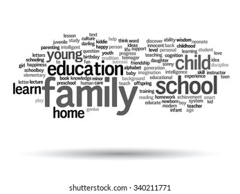 Vector concept or conceptual education abstract word cloud, white background, metaphor to child, family, school, life, learn, knowledge, home, study, teach, educational, achievement, childhood or teen