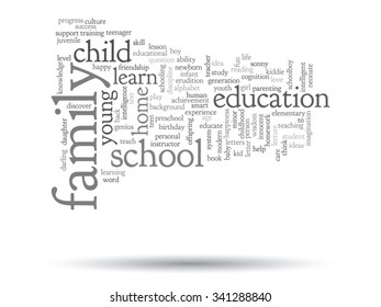 Vetor conceito ou educação conceitual palavra abstrata nuvem, fundo branco, metáfora para criança, família, escola, vida, aprender, conhecimento, casa, estudo, ensinar, educacional, realização, infância ou adolescente