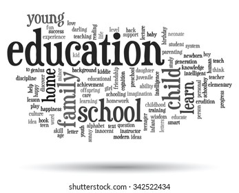 Vector concept or conceptual education abstract word cloud, white background, metaphor to child, family, school, life, learn, knowledge, home, study, teach, educational, achievement, childhood or teen