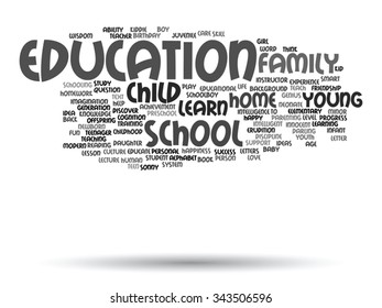 Vector concept or conceptual education abstract word cloud, white background, metaphor to child, family, school, learn, knowledge, home, study, teach, educational, achievement, childhood or teen