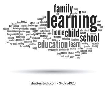 Vector concept or conceptual education abstract word cloud, white background, metaphor to child, family, school, learn, knowledge, home, study, teach, educational, achievement, childhood or teen