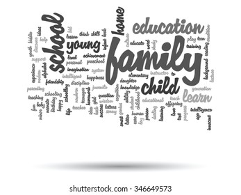 Vector concept or conceptual education abstract word cloud, white background, metaphor to child, family, school, learn, knowledge, home, study, teach, educational, achievement, childhood or teen