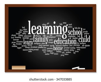 Vector concept or conceptual education abstract word cloud, blackboard background, metaphor to child, family, school, learn, knowledge, home, study, teach, educational, achievement, childhood or teen