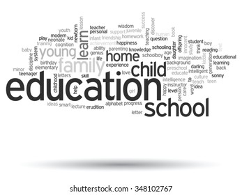 Vector concept or conceptual education abstract word cloud, white background, metaphor to child, family, school, learn, knowledge, home, study, teach, educational, achievement, childhood or teen