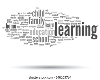 Vector concept or conceptual education abstract word cloud, white background, metaphor to child, family, school, learn, knowledge, home, study, teach, educational, achievement, childhood or teen