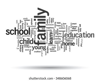 Vector concept or conceptual education abstract word cloud, white background, metaphor to child, family, school, learn, knowledge, home, study, teach, educational, achievement, childhood or teen